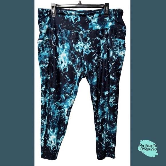 Blue and Black Patterned Leggings with High Waist and Pockets Sz 1X/2X - Picture 1 of 6